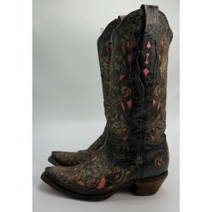 Corral Women's 6 M Laser Inlay Black Hot Pink Leather Cowboy Boot Snip Toe $270